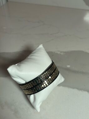 Black Leather Bracelet with Gold Sequin Detailing